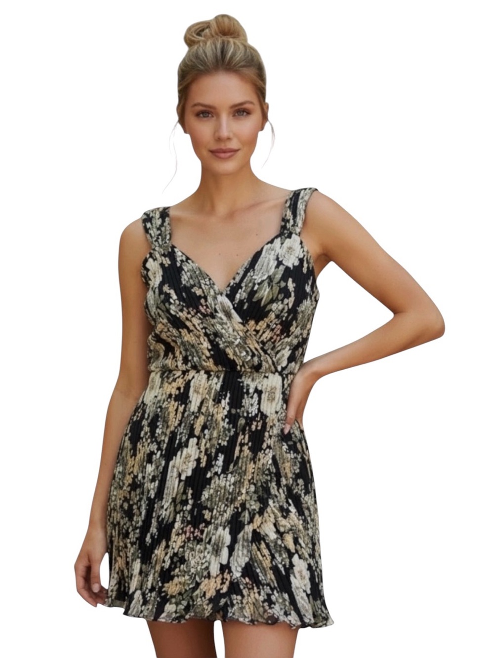 LAVISH ALICE Bardot Black Floral Pleated Off The Shoulder Mini Dress